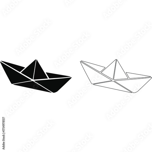 A simple illustration showing two paper boats one filled in black and one outlined on a white background silhouette