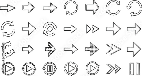 Collection of Various Arrow Icons in Black and White, Representing Direction and Navigation Elements