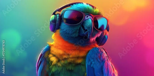 The image of a parrot in shades and headphones djing at a vibrant neon party is made possible by generative ai