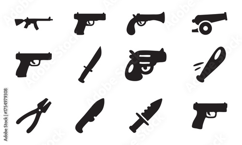 Black Silhouette Icons of Firearms, Knives, Tools, and Historical Weapons