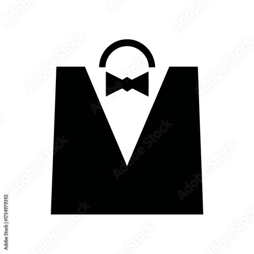 Black graphic symbol of shopping bag designed to look like a tuxedo with bowtie