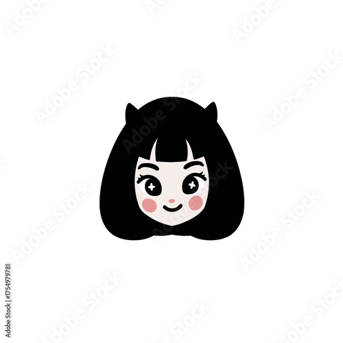 Cartoon-style girl with black hair, rosy cheeks, and large expressive eyes