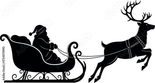 Santa Claus silhouette in a sleigh pulled by a reindeer, festive Christmas imagery