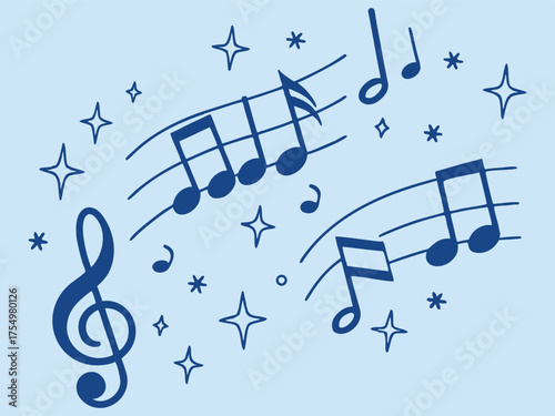 Musical notes and stars illustration on light blue background symbolizing melody, rhythm, and harmony, perfect for music, art, concert, or creative sound-themed design concepts.