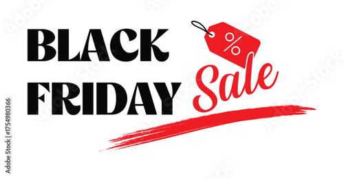 Black Friday sale graphic with bold black and red text, cursive sale lettering, red price tag icon with percentage symbol, brushstroke accent