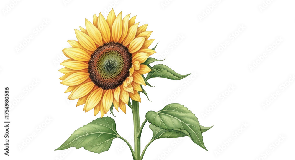 Naklejka premium 3d realistic sunflower with green leaves isolated on transparent background