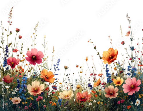Dainty wildflower border with copyspace, transparent background 