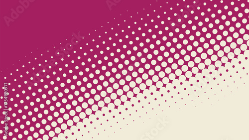 A halftone pattern fading from magenta to beige with decreasing circle sizes across the image area
