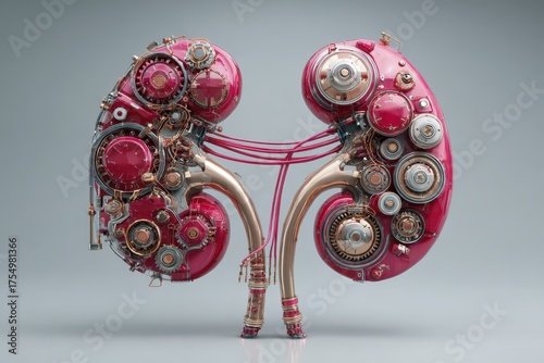 Steampunk Kidneys: Intricate mechanical design showcases a pair of kidneys with gears, pipes, and wires in a whimsical, retro-futuristic style.