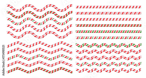 3D Christmas candy cane line borders set. Glossy red and white wavy striped borders, festive peppermint ornaments vector design