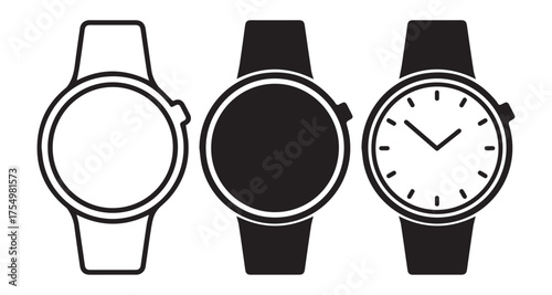 Vector illustration of three minimalist wristwatch icons showing outline, solid, and Analog styles. Simple black and white smartwatch and clock symbols for design, UI, and infographic use.