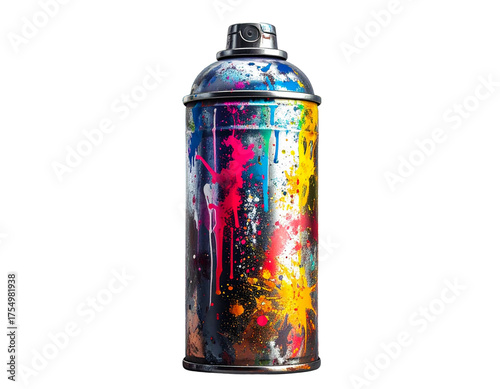 Distressed Spray Paint Can with Colorful Splatters and Scratched Metal Surface, Front