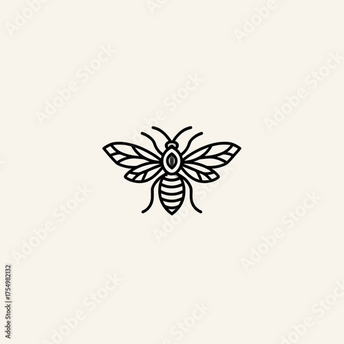 Stylized line drawing of a bee with detailed wings, body stripes, and antennae