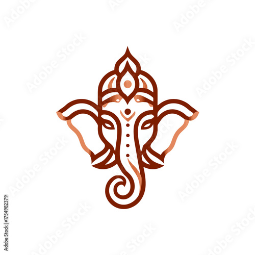 Elegant elephant head with a headdress, depicted in stylized, layered, brown lines
