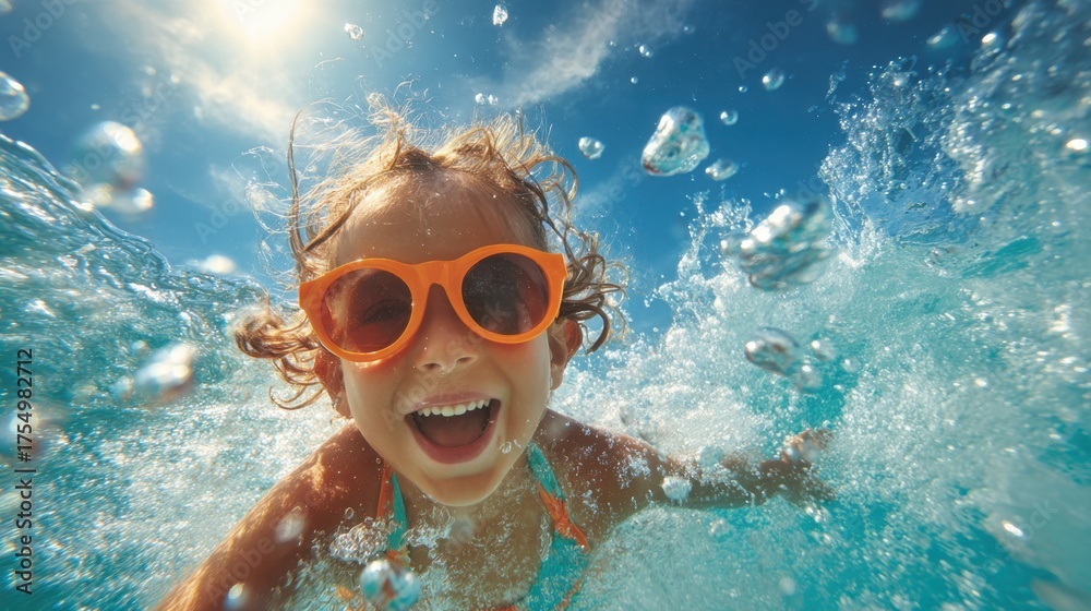 Naklejka premium Smiling child in orange sunglasses enjoys swimming in vibrant blue water with sunlight shining down.