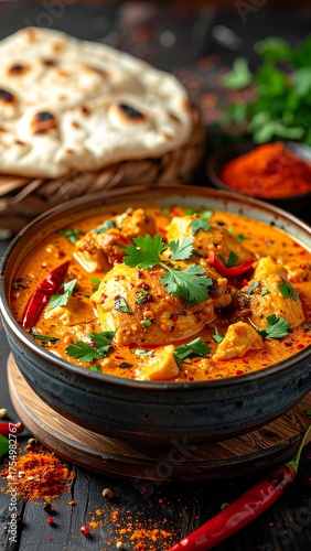 Rich chicken dish with herbs, served alongside bread, and spices