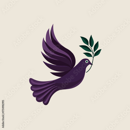 Stylized purple bird in flight with a green branch in its beak on a neutral background
