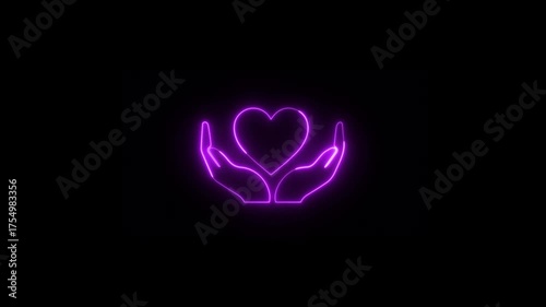 Two hands gently holding a neon heart symbol, symbolizing care and compassion, on a soft background, two hands symbolizing love.