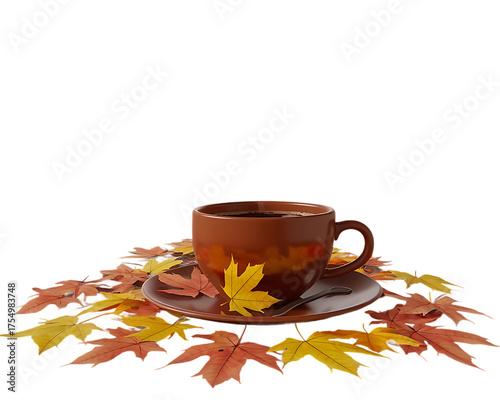 Cozy autumn warm coffee cup amidst vibrant falling maple leaves on a isolated on transparent background