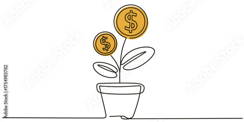 Continuous line drawing of a money plant growing in a pot with golden coins vector