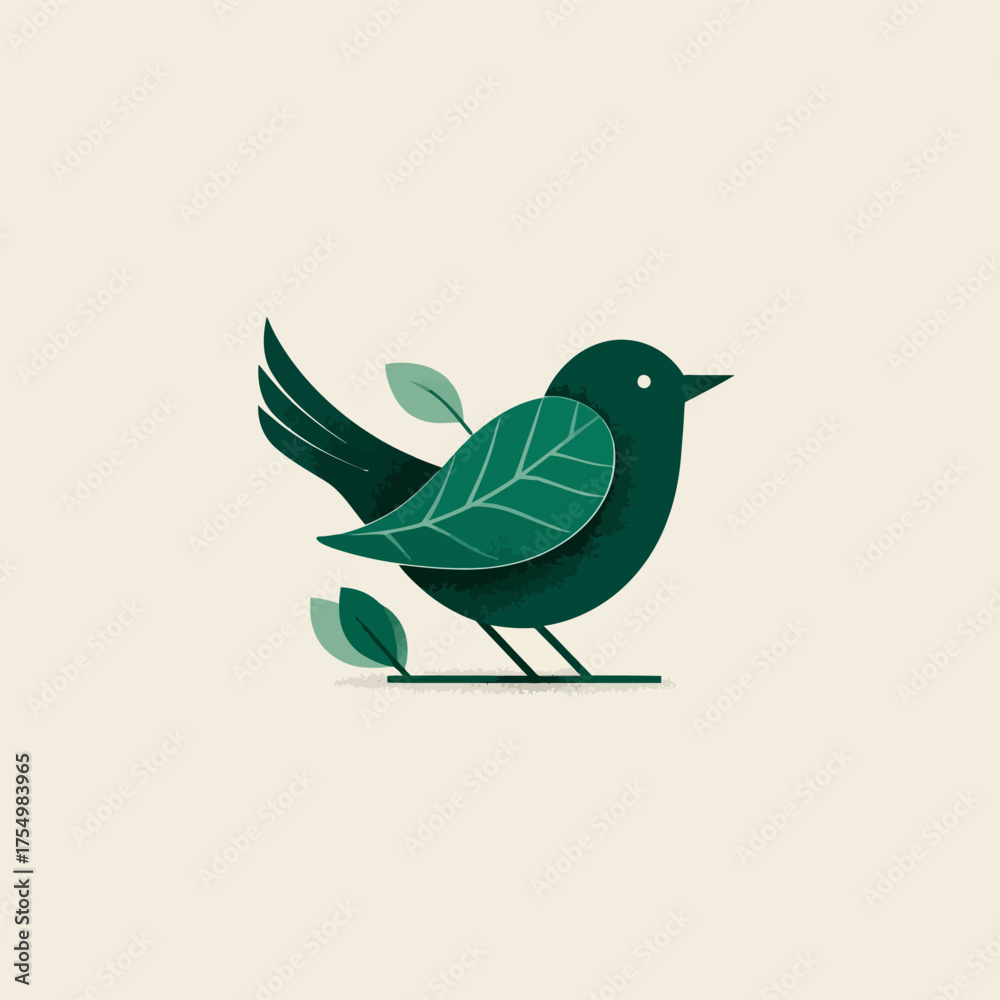 Obraz premium Stylized illustration of a dark green bird with leaves accenting, on a light beige background