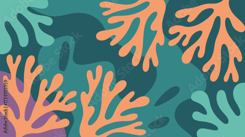 An illustration of coral and seaweed in shades of teal and orange creating an abstract background design