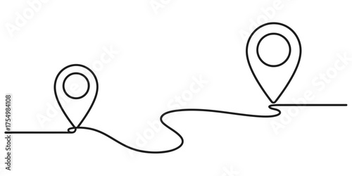 Continuous one line drawing of route between two map pins for navigation and travel vector