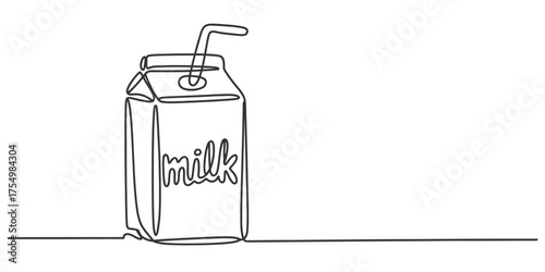 Continuous line drawing of a milk carton with a straw minimalist sketch vector