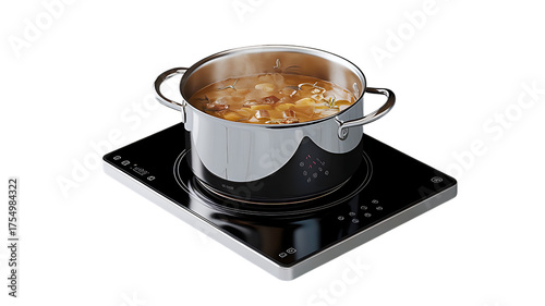 3d rendered image of a stainless steel pot cooking food on a modern induction stovetop with radiant heat isolated on transparent background