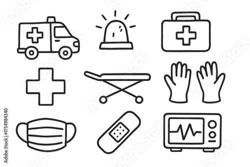 Emergency Doodle Icons. Emergency doodle icon set: hand drawn icons of ambulance, siren, first aid kit, cross, stretcher, gloves,