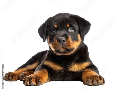 Rottweiler Welpe liegend – isoliert auf weißem Hintergrund, Freisteller