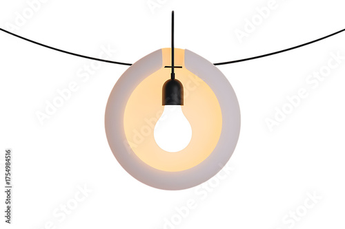 Single glowing light bulb suspended in darkness illuminating a frosted globe shade isolated on transparent background