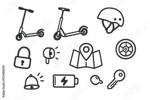 Scooter Doodle Icons. Scooter doodle icon set: hand drawn icons of kick scooter, electric scooter, helmet, lock, light, wheel, map