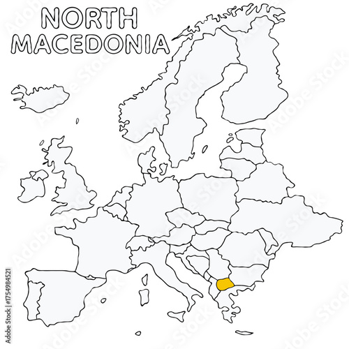 North Macedonia country highlighted in yellow on Europe continent map detailed vector illustration, for projects and presentation	