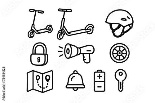 Scooter Doodle Icons. Scooter doodle icon set: hand drawn icons of kick scooter, electric scooter, helmet, lock, light, wheel, map