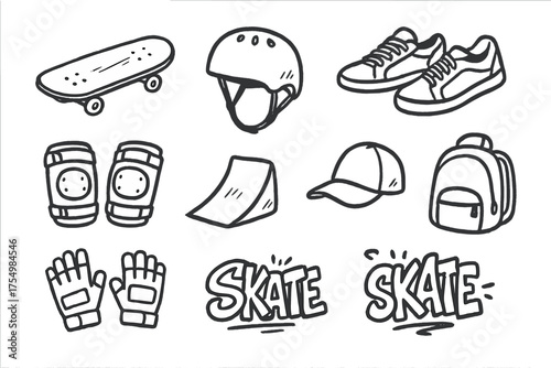 Skateboard Doodle Icons. Skateboard doodle icon set: hand drawn icons of board, helmet, sneakers, pads, cap, ramp, wheel, gloves,