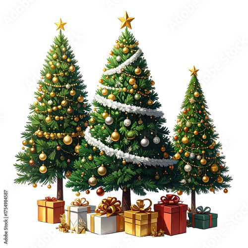 Festive illustration of three decorated Christmas trees with presents at the base