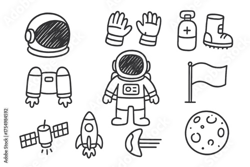 Astronaut Icon Set. Astronaut doodle icon set: hand drawn icons of helmet, gloves, boots, space suit, jetpack, oxygen tank,