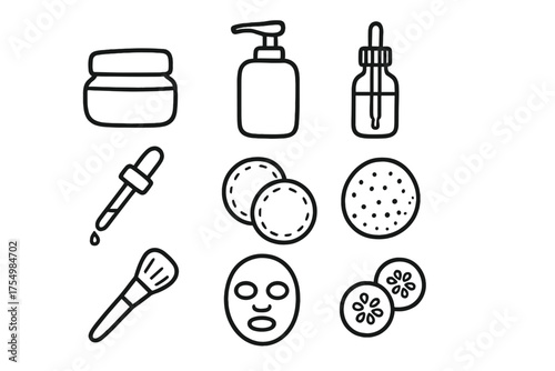 Skincare Doodle Icons. Skincare doodle icon set: hand drawn icons of cream jar, lotion, serum, dropper, cotton pads, sponge, brush