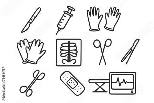 Surgery Icon Set. Surgery doodle icon set: hand drawn icons of scalpel, syringe, gloves, mask, x-ray, clamp, scissors, bandage,