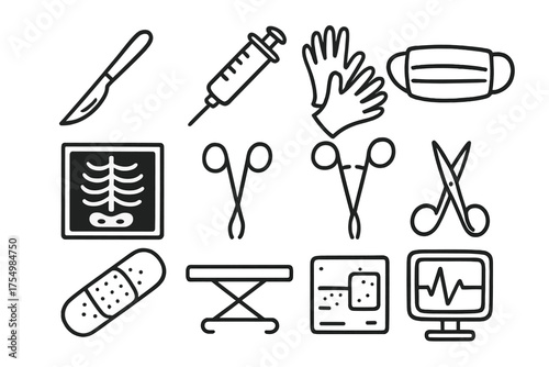 Surgery Icon Set. Surgery doodle icon set: hand drawn icons of scalpel, syringe, gloves, mask, x-ray, clamp, scissors, bandage,