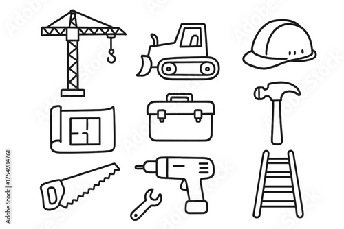 Construction Doodle Icons. Construction doodle icon set: hand drawn icons of crane, bulldozer, hard hat, blueprint, toolbox,
