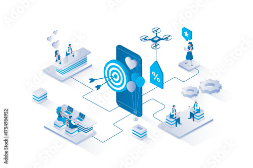 Mobile marketing service 3d isometric concept with isometry people design for web. Team doing market research, targeting audience, making promotion and advert in smartphone app. Vector illustration.