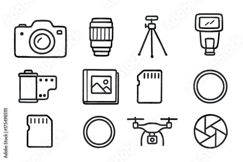 Photography Icon Set. Photography hobby doodle icon set: hand drawn icons of camera, lens, tripod, flash, photo roll, album, SD