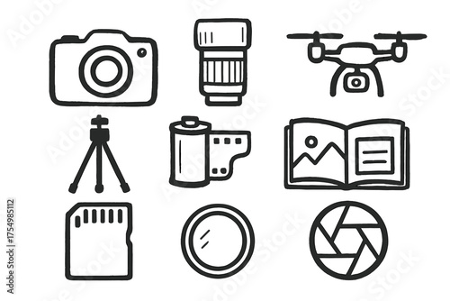 Photography Icon Set. Photography hobby doodle icon set: hand drawn icons of camera, lens, tripod, flash, photo roll, album, SD