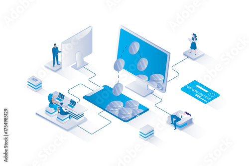 Money transfer 3d isometric concept with isometry people design for web. Users making financial transactions using mobile banking, sending and receiving finance to accounts. Vector illustration.