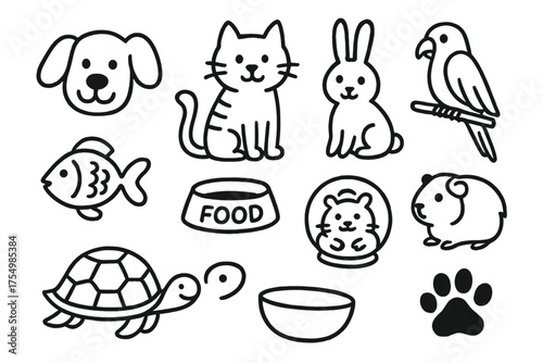 Hand-Drawn Pet Icons. Pets doodle icon set: hand drawn icons of dog, cat, rabbit, parrot, hamster, goldfish, turtle, guinea pig,