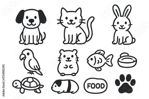 Hand-Drawn Pet Icons. Pets doodle icon set: hand drawn icons of dog, cat, rabbit, parrot, hamster, goldfish, turtle, guinea pig,
