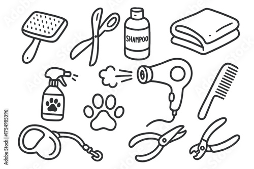 Pet Grooming Essentials. Pet grooming doodle icon set: hand drawn icons of brush, scissors, shampoo, dryer, towel, comb, spray,