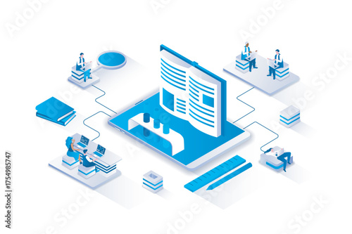 Online education 3d isometric concept with isometry people design for web. Students learning on educational programs, studying science, reading books and textbooks, gain skills. Vector illustration.